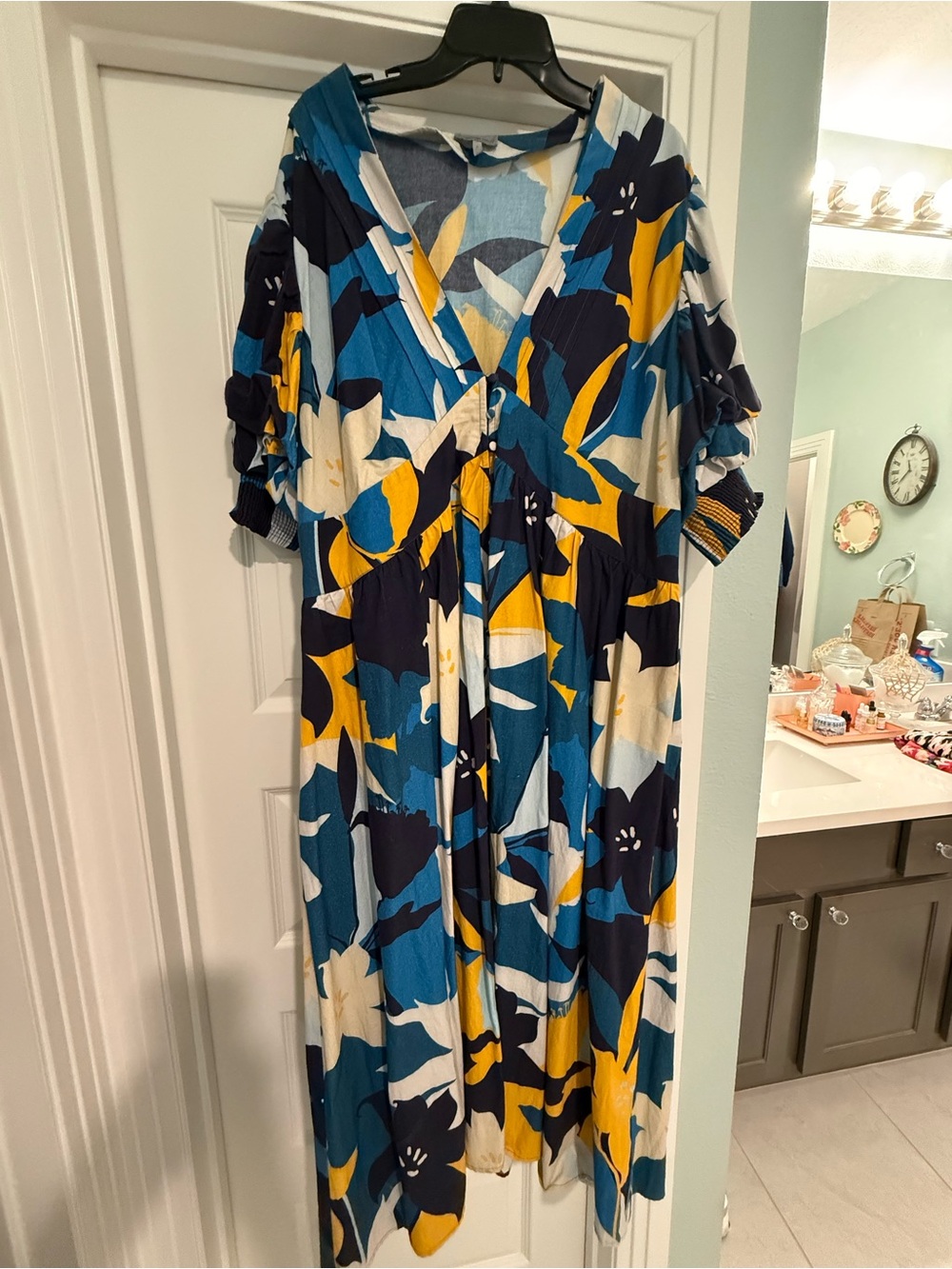 Anthropologie Teal Navy Mustard Floral Midi Dress